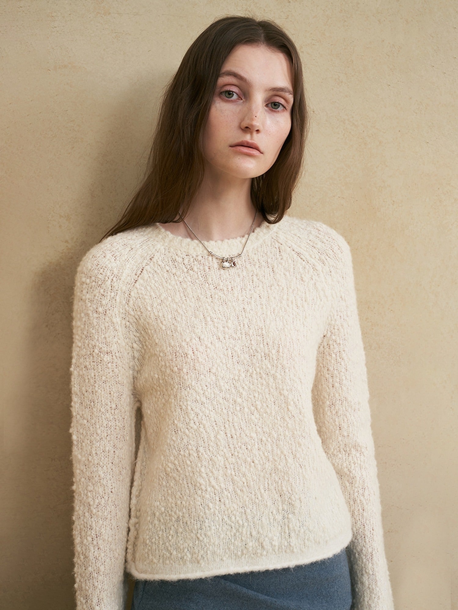 someonesometimes Wool Blend Pearl White Bell Sleeve Commuter Women Crewneck Pullover Sweaters