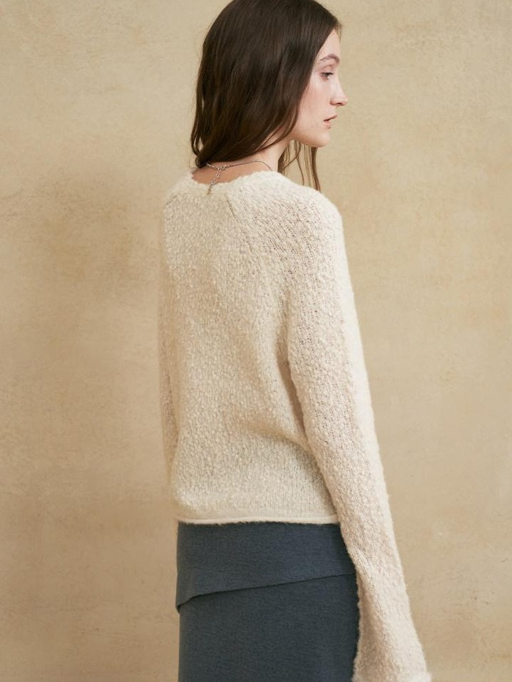 someonesometimes Wool Blend Pearl White Bell Sleeve Commuter Women Crewneck Pullover Sweaters