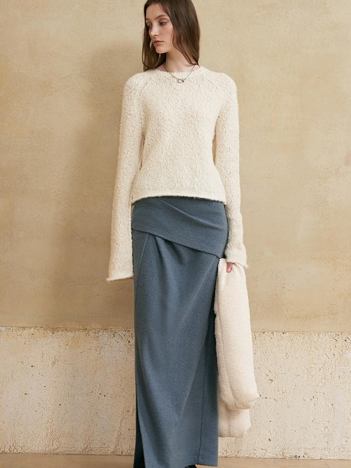 someonesometimes Wool Blend Pearl White Bell Sleeve Commuter Women Crewneck Pullover Sweaters