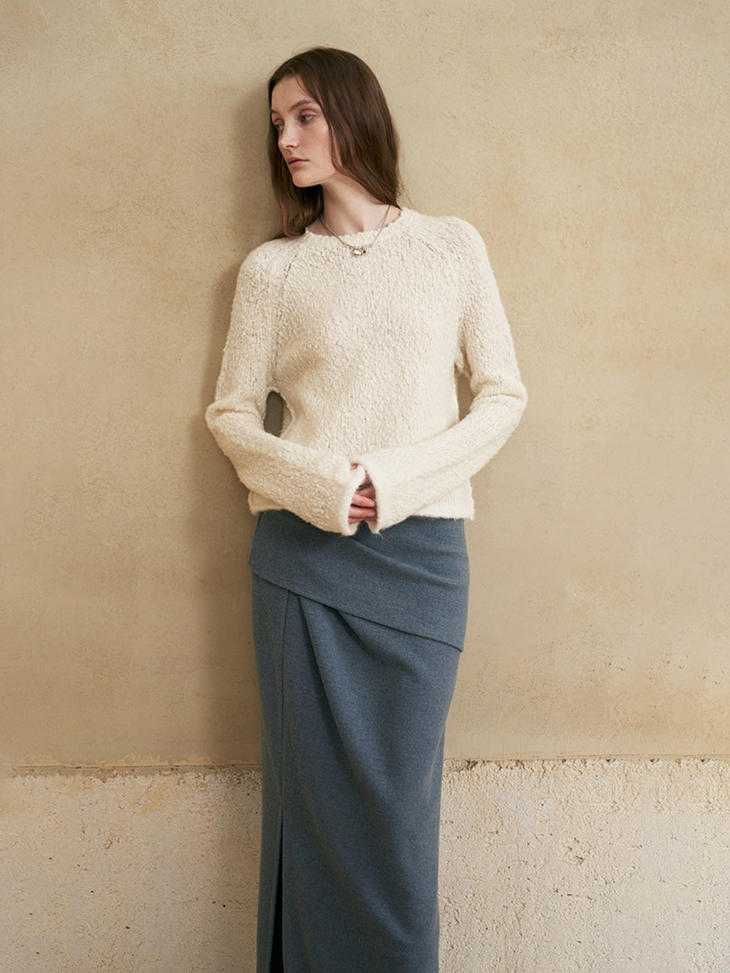 someonesometimes Wool Blend Pearl White Bell Sleeve Commuter Women Crewneck Pullover Sweaters