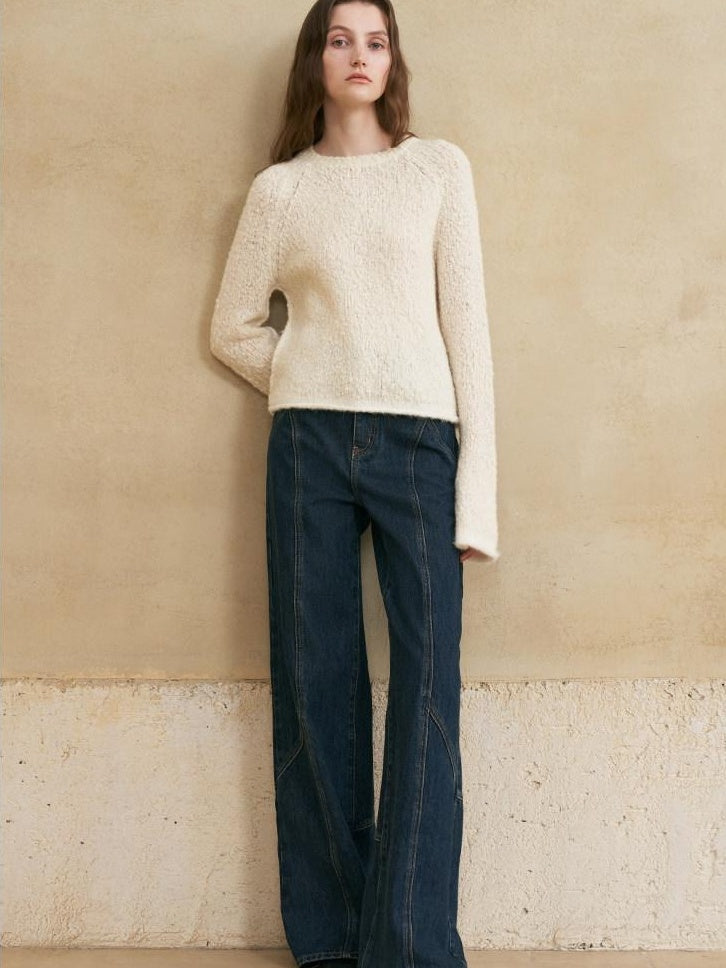 someonesometimes Wool Blend Pearl White Bell Sleeve Commuter Women Crewneck Pullover Sweaters