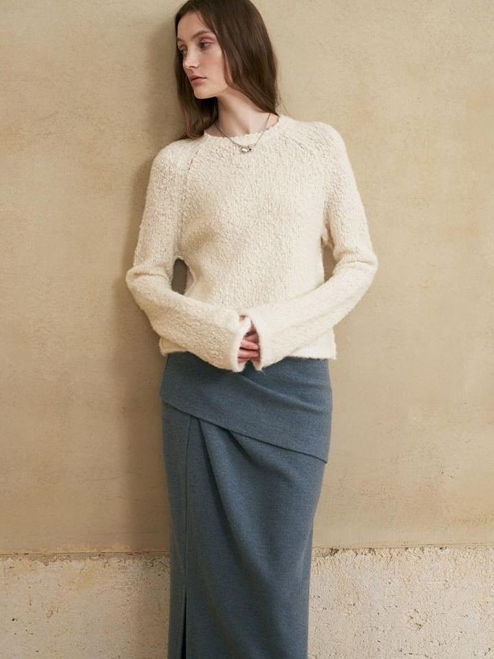 someonesometimes Wool Blend Pearl White Bell Sleeve Commuter Women Crewneck Pullover Sweaters
