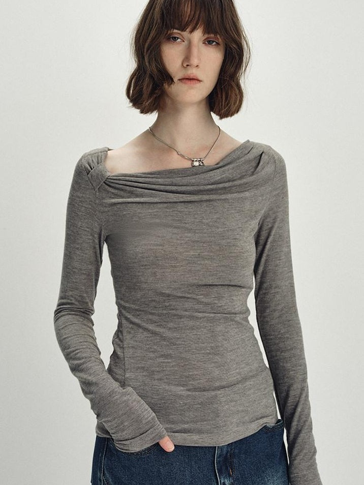 someonesometimes Wool Blend Pleated Slim Fit Casual Round Neck Marl Gray Knitwear Tops Sweaters
