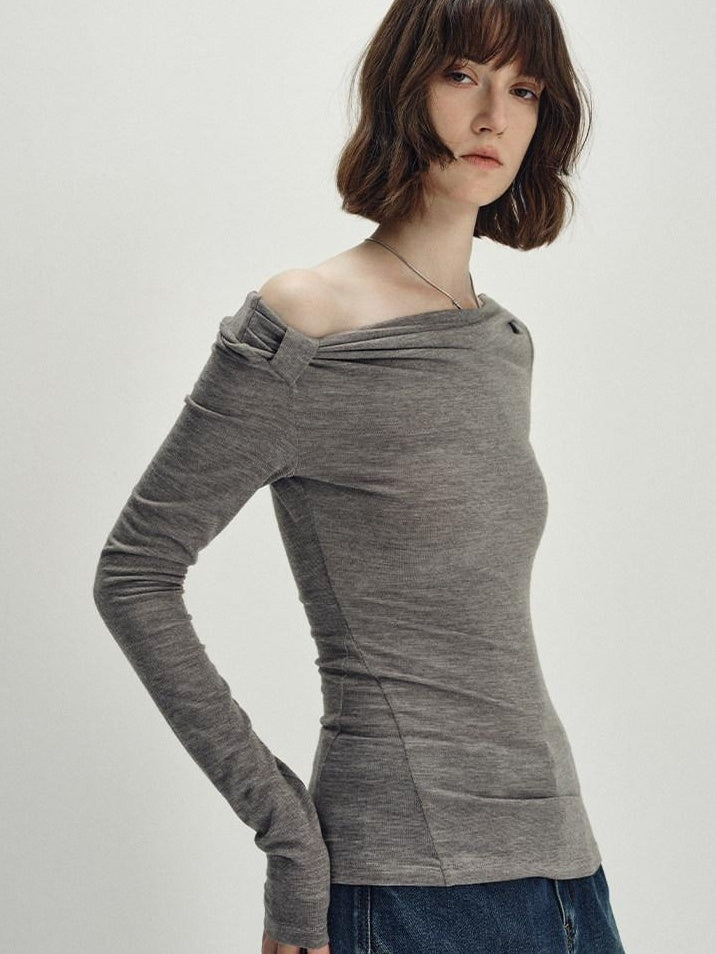 someonesometimes Wool Blend Pleated Slim Fit Casual Round Neck Marl Gray Knitwear Tops Sweaters