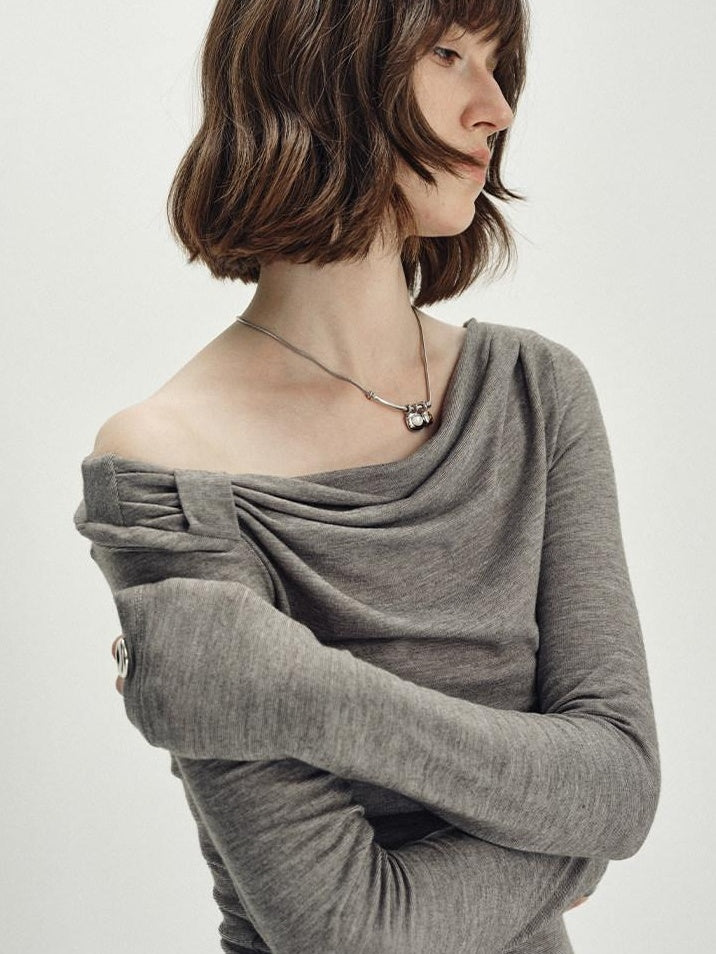 someonesometimes Wool Blend Pleated Slim Fit Casual Round Neck Marl Gray Knitwear Tops Sweaters