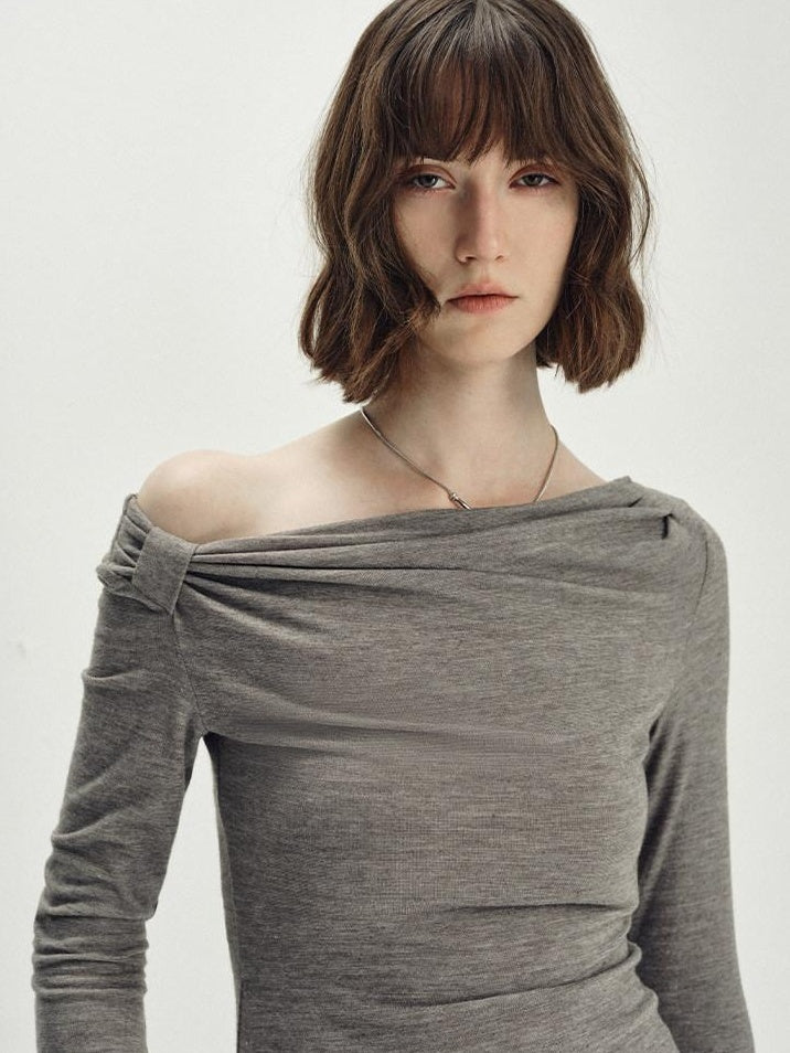 someonesometimes Wool Blend Pleated Slim Fit Casual Round Neck Marl Gray Knitwear Tops Sweaters