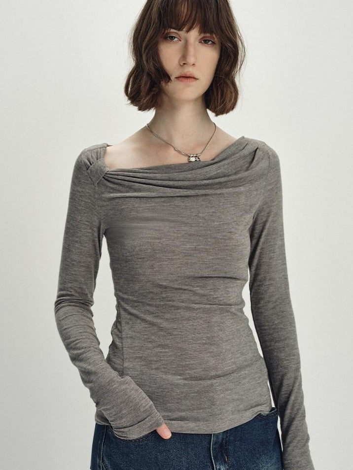 someonesometimes Wool Blend Pleated Slim Fit Casual Round Neck Marl Gray Knitwear Tops Sweaters