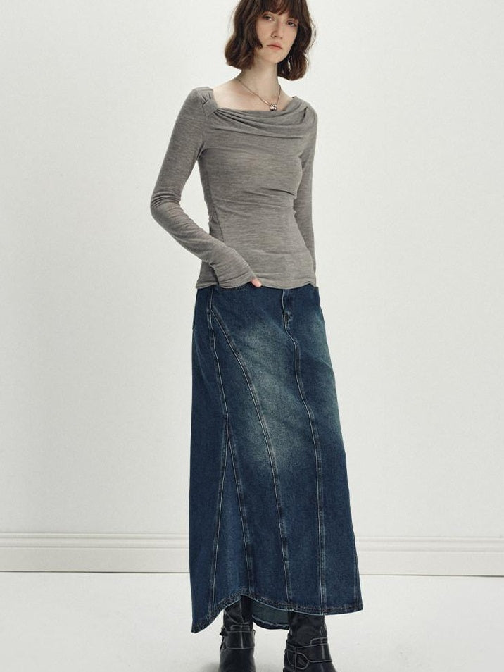 someonesometimes Wool Blend Pleated Slim Fit Casual Round Neck Marl Gray Knitwear Tops Sweaters
