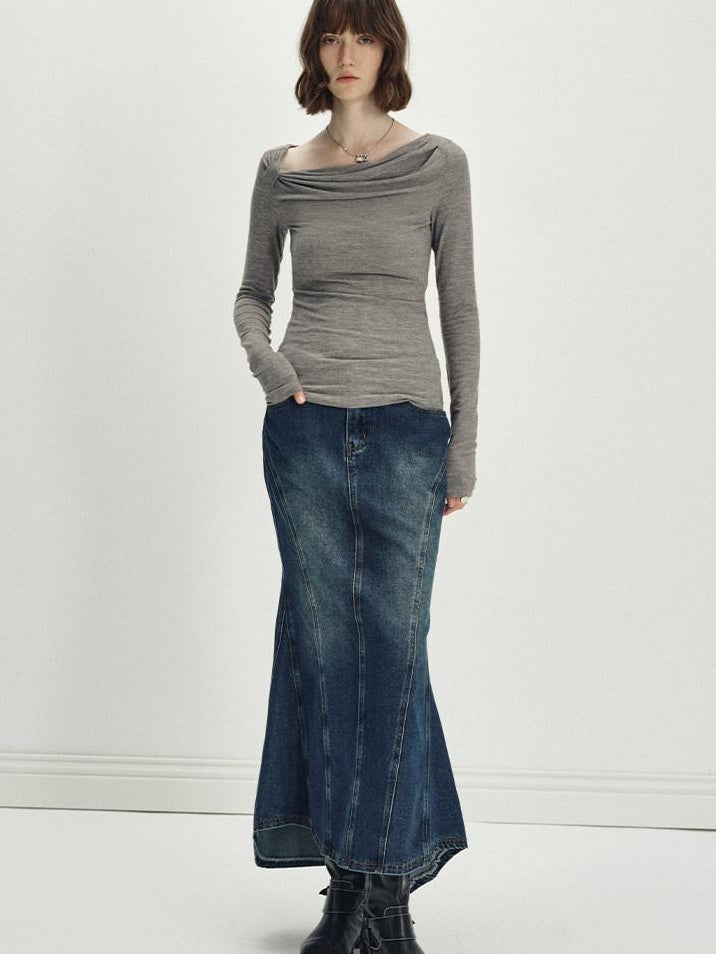 someonesometimes Wool Blend Pleated Slim Fit Casual Round Neck Marl Gray Knitwear Tops Sweaters