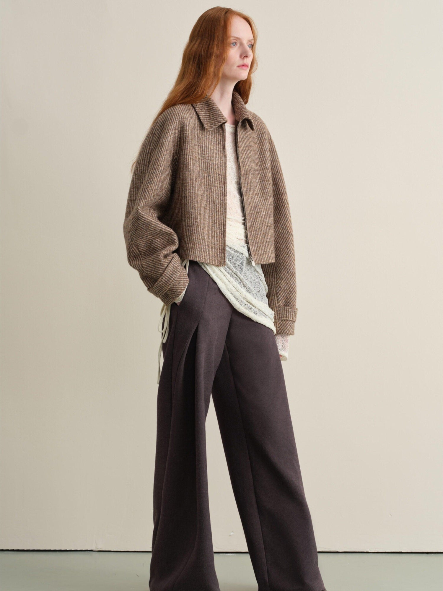 someonesometimes Wool Blend Retro Loose Zip Lapel Long Sleeve Women Multicolor Cropped Jackets