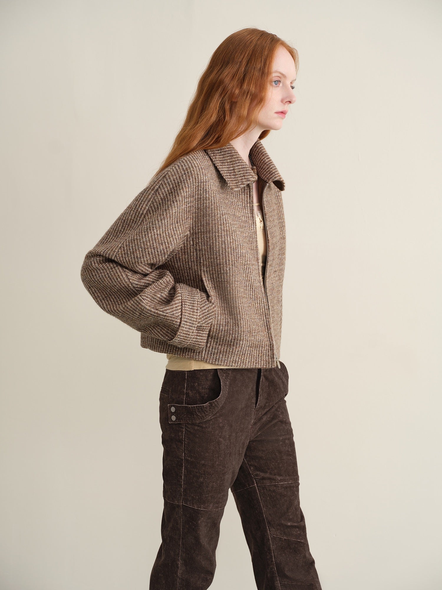someonesometimes Wool Blend Retro Loose Zip Lapel Long Sleeve Women Multicolor Cropped Jackets