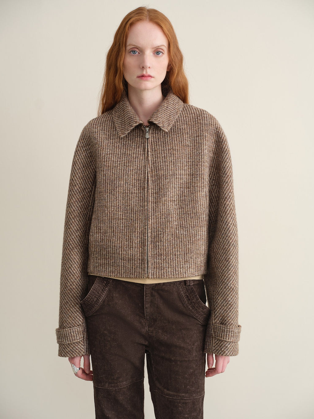 someonesometimes Wool Blend Retro Loose Zip Lapel Long Sleeve Women Multicolor Cropped Jackets