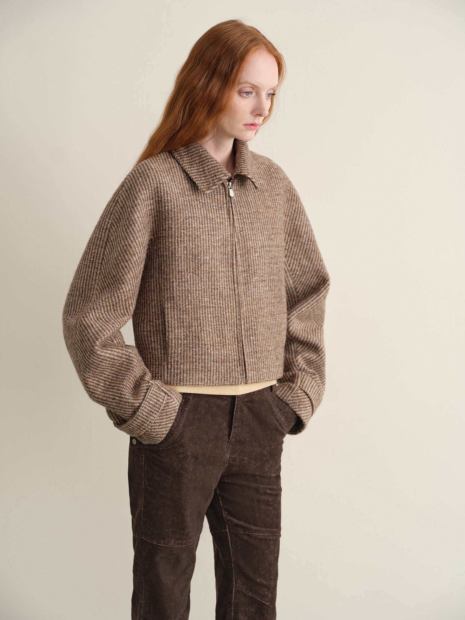 someonesometimes Wool Blend Retro Loose Zip Lapel Long Sleeve Women Multicolor Cropped Jackets