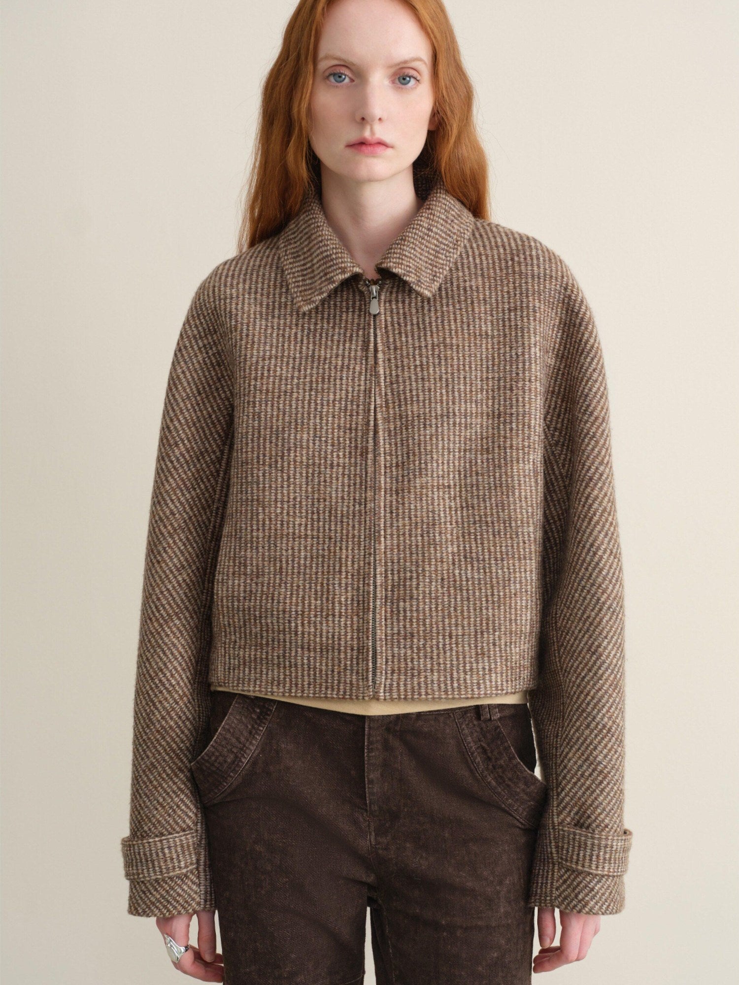 someonesometimes Wool Blend Retro Loose Zip Lapel Long Sleeve Women Multicolor Cropped Jackets