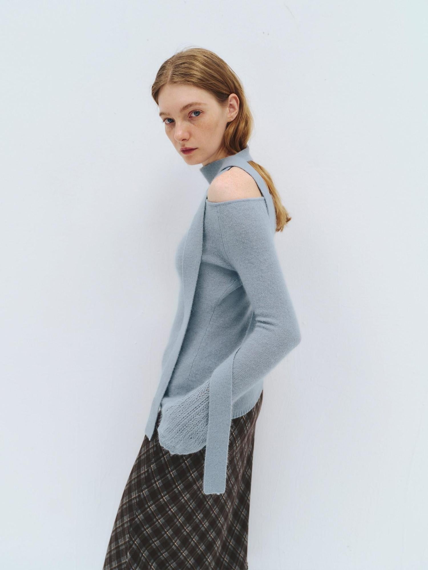 someonesometimes Wool Blend Slim Fit Asymmetrical Neck One Shoulder Casual Women Knit Sweaters