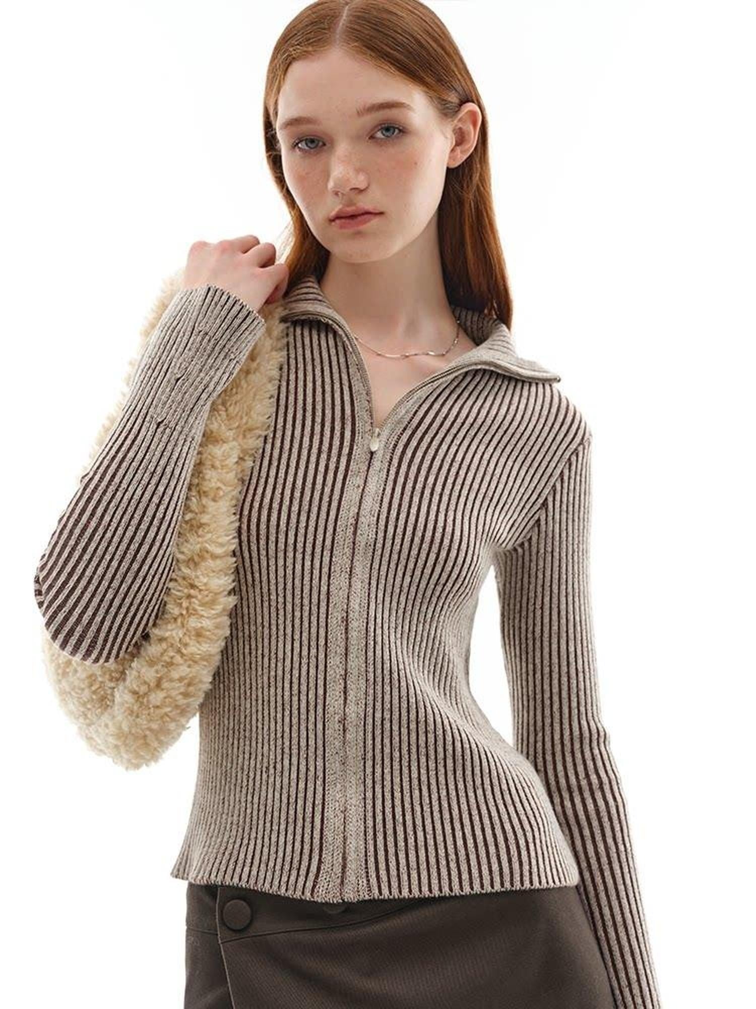 someonesometimes Wool Blend Slim Fit Zip Front Collared Office Knitwear Women Cardigans