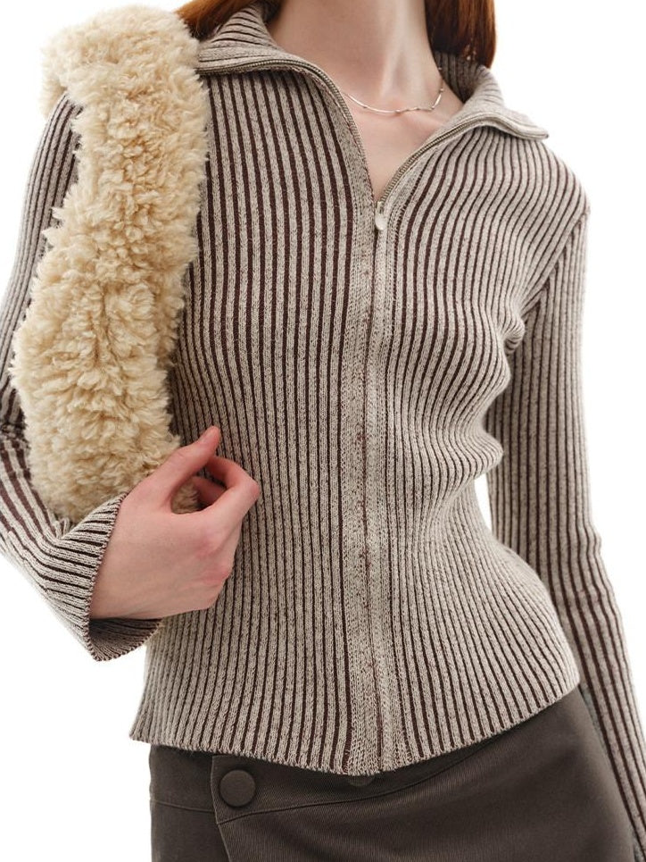 someonesometimes Wool Blend Slim Fit Zip Front Collared Office Knitwear Women Cardigans