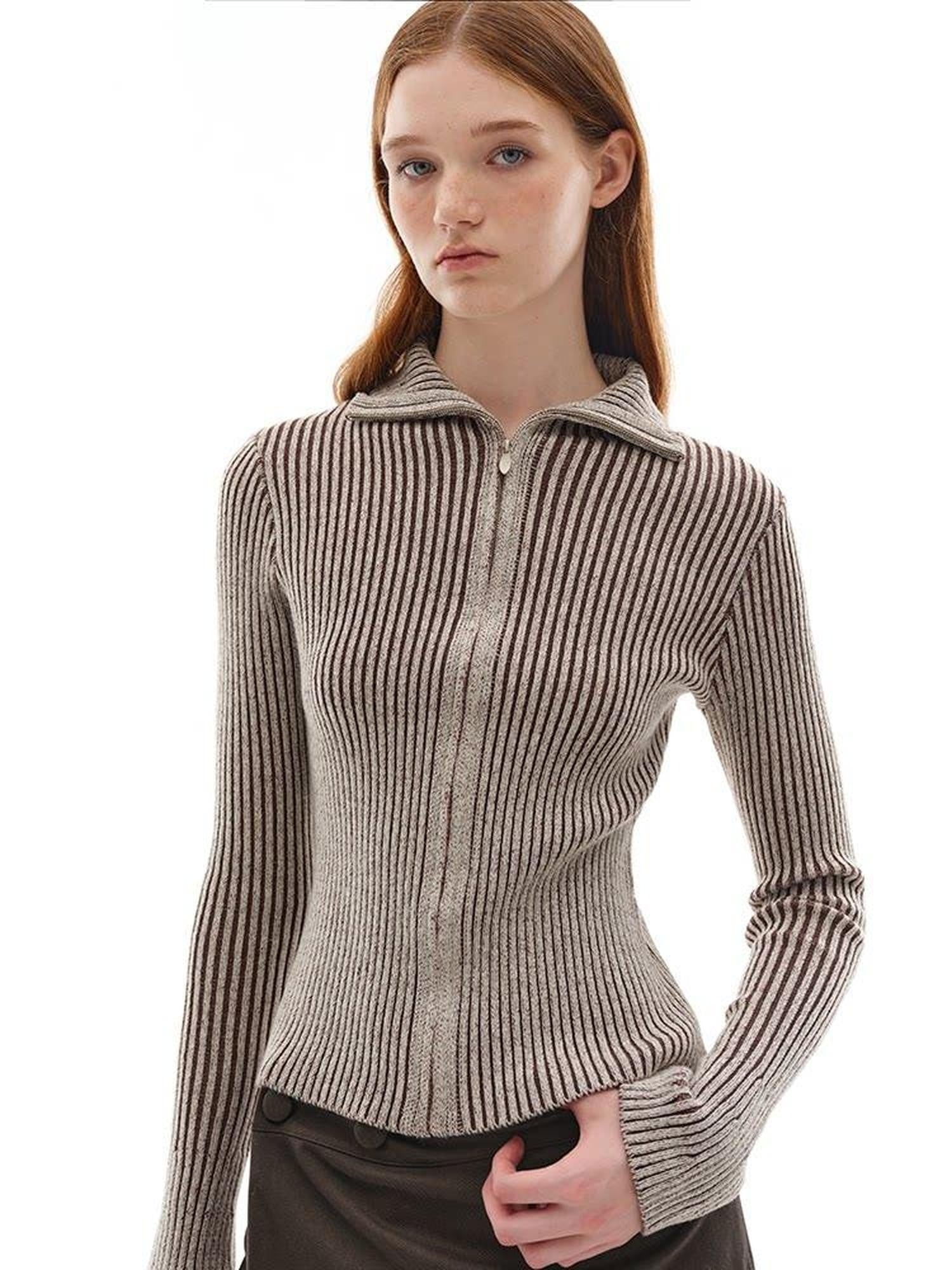 someonesometimes Wool Blend Slim Fit Zip Front Collared Office Knitwear Women Cardigans