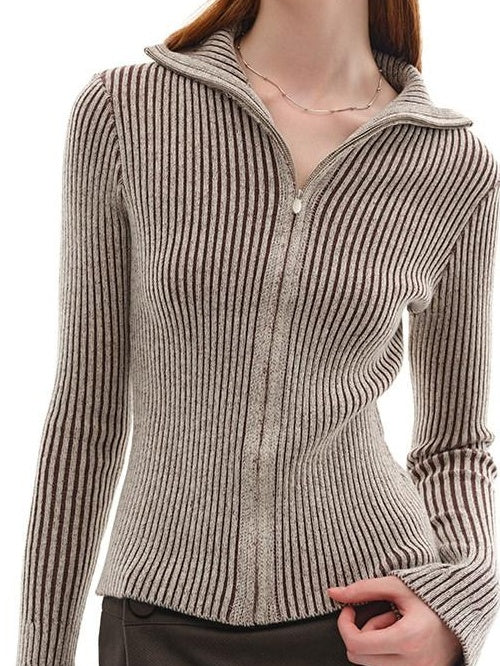 someonesometimes Wool Blend Slim Fit Zip Front Collared Office Knitwear Women Cardigans