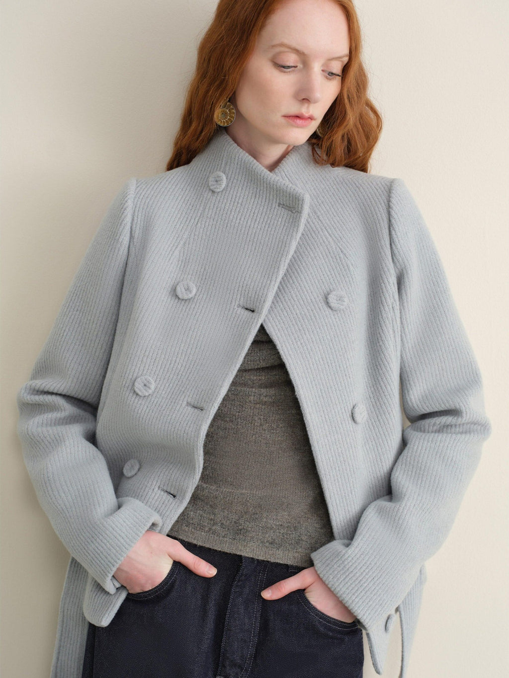 someonesometimes Wool Blend Vintage Slim Fit Double Breasted Sky Blue Wool Coats