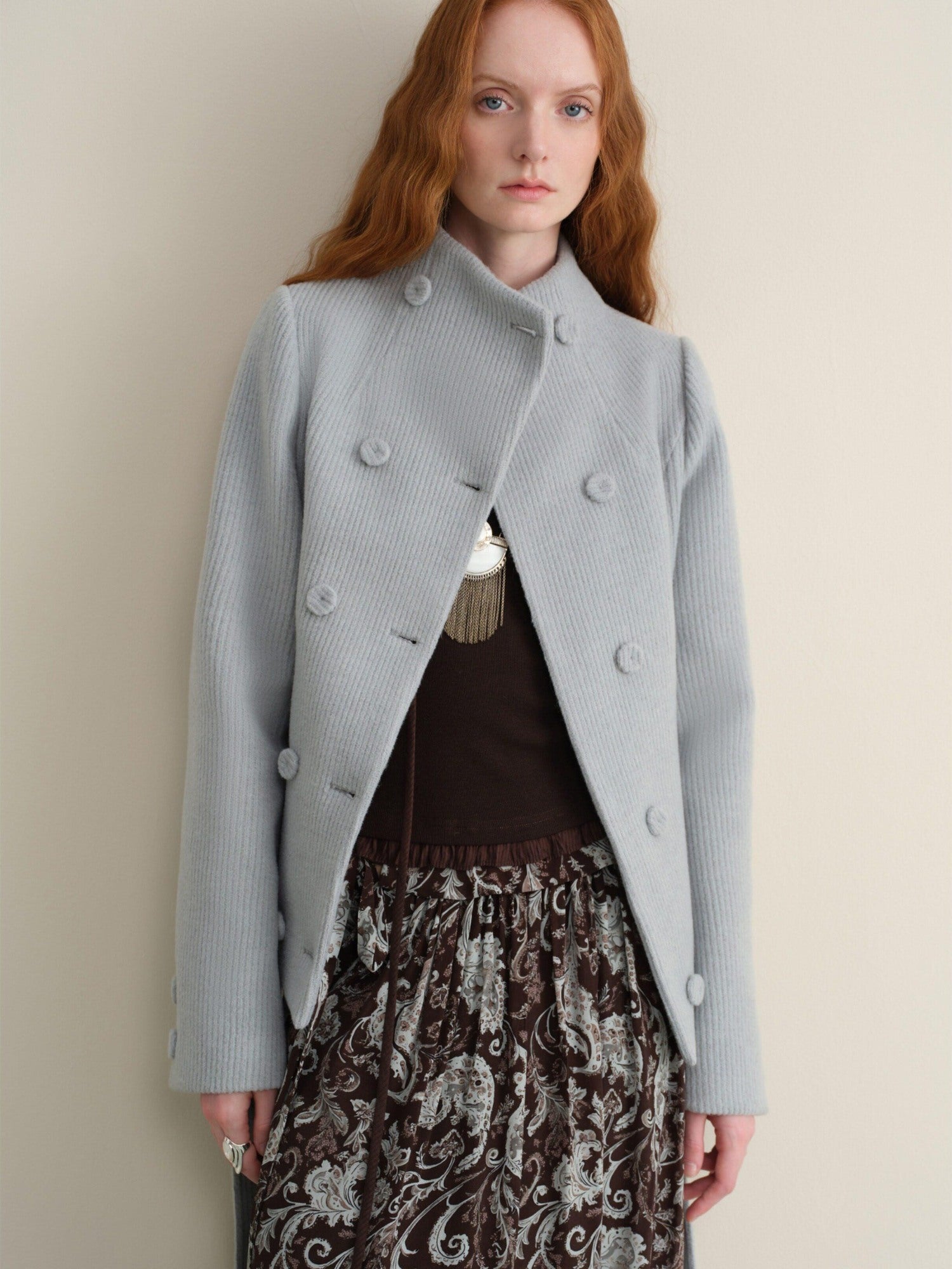someonesometimes Wool Blend Vintage Slim Fit Double Breasted Sky Blue Wool Coats