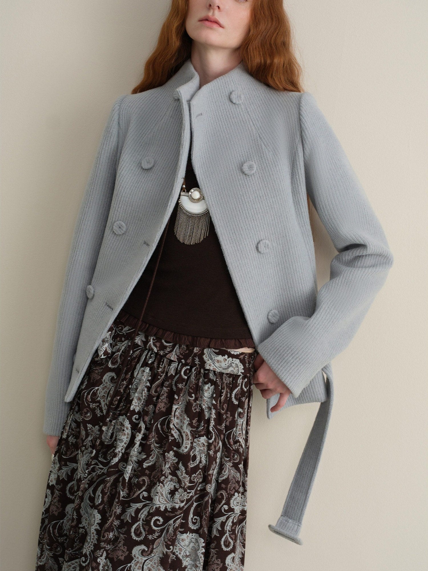 someonesometimes Wool Blend Vintage Slim Fit Double Breasted Sky Blue Wool Coats