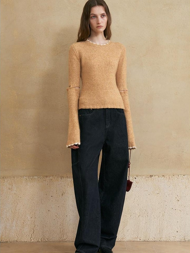someonesometimes Wool Cotton Blend Office Straight Fit Crewneck Women Long Sleeve Knit Sweaters