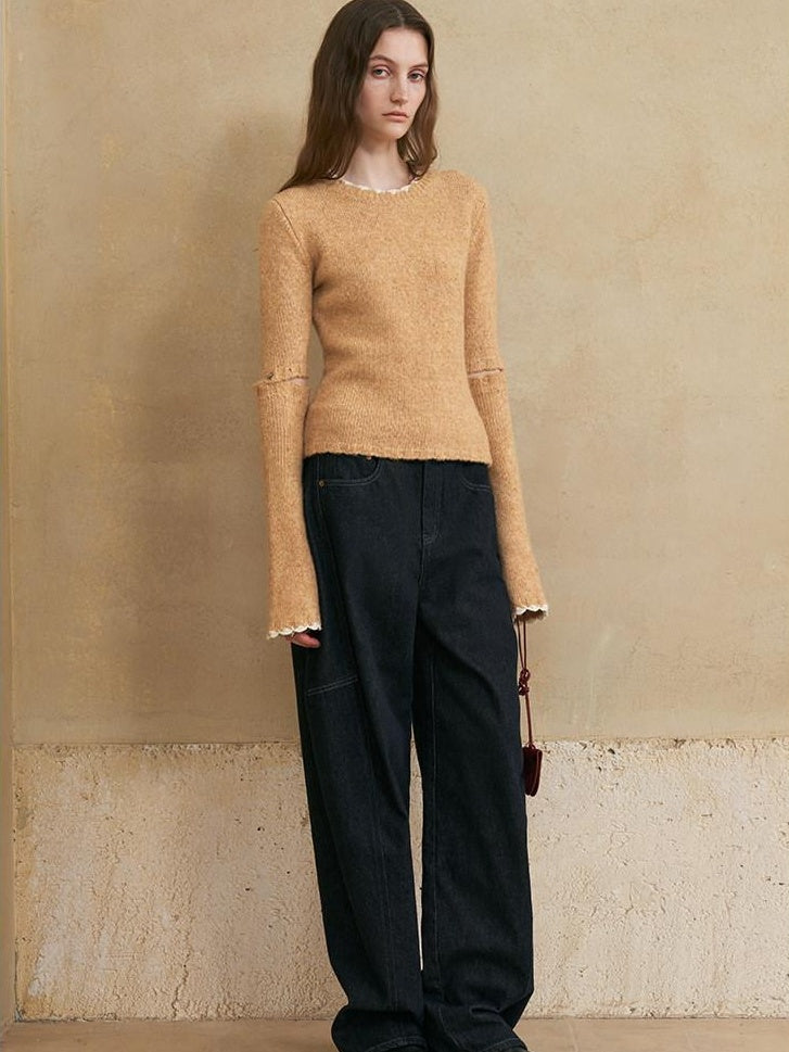 someonesometimes Wool Cotton Blend Office Straight Fit Crewneck Women Long Sleeve Knit Sweaters