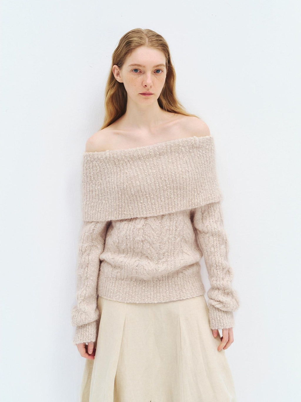 someonesometimes Wool Mohair Blend Casual Loose One Shoulder Cowl Neck Oatmeal Sweaters