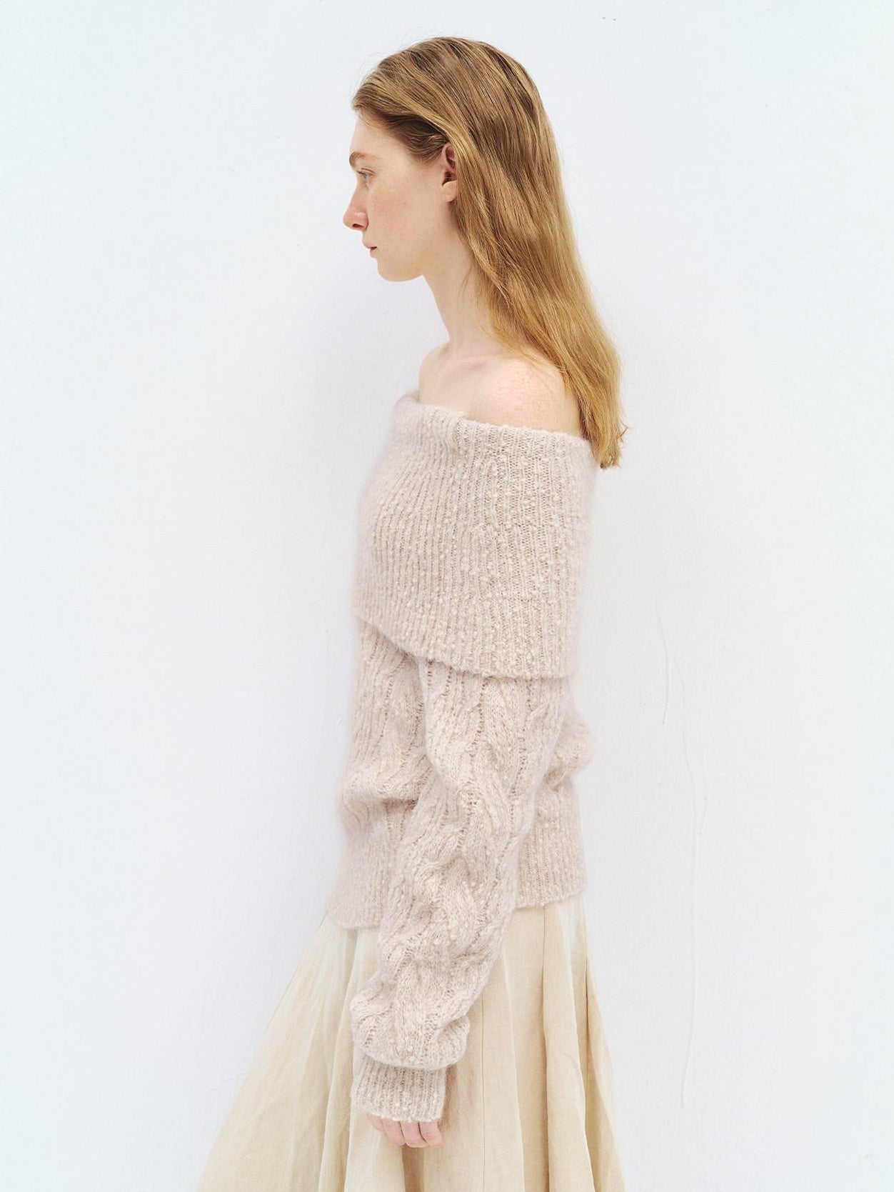 someonesometimes Wool Mohair Blend Casual Loose One Shoulder Cowl Neck Oatmeal Sweaters
