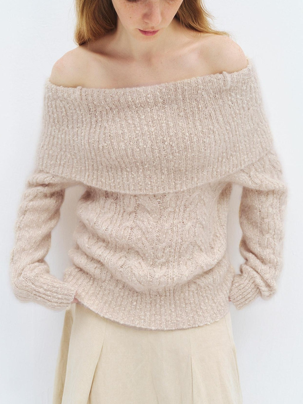 someonesometimes Wool Mohair Blend Casual Loose One Shoulder Cowl Neck Oatmeal Sweaters