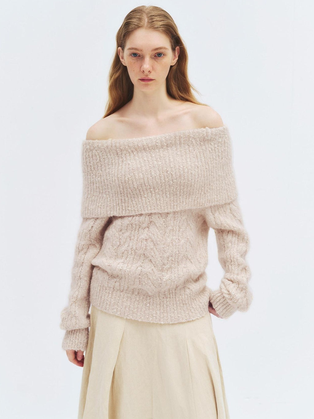 someonesometimes Wool Mohair Blend Casual Loose One Shoulder Cowl Neck Oatmeal Sweaters