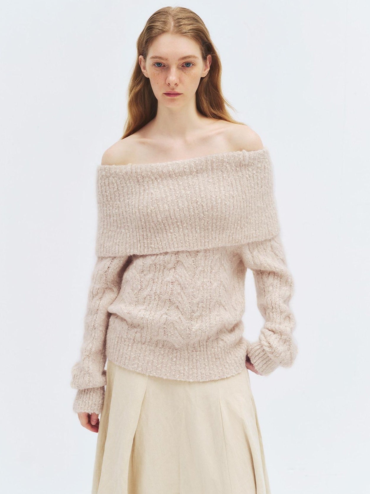 someonesometimes Wool Mohair Blend Casual Loose One Shoulder Cowl Neck Oatmeal Sweaters
