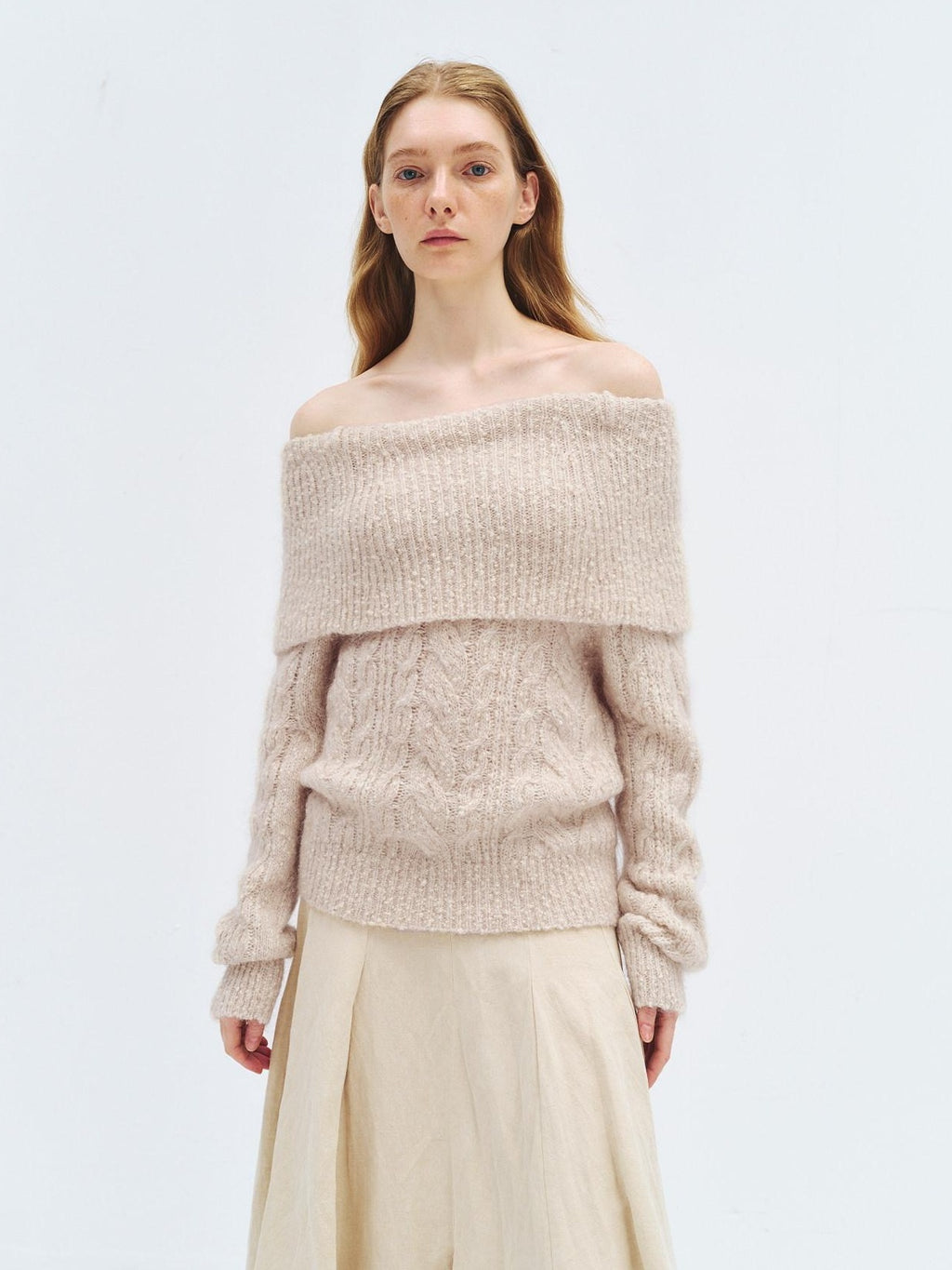 someonesometimes Wool Mohair Blend Casual Loose One Shoulder Cowl Neck Oatmeal Sweaters