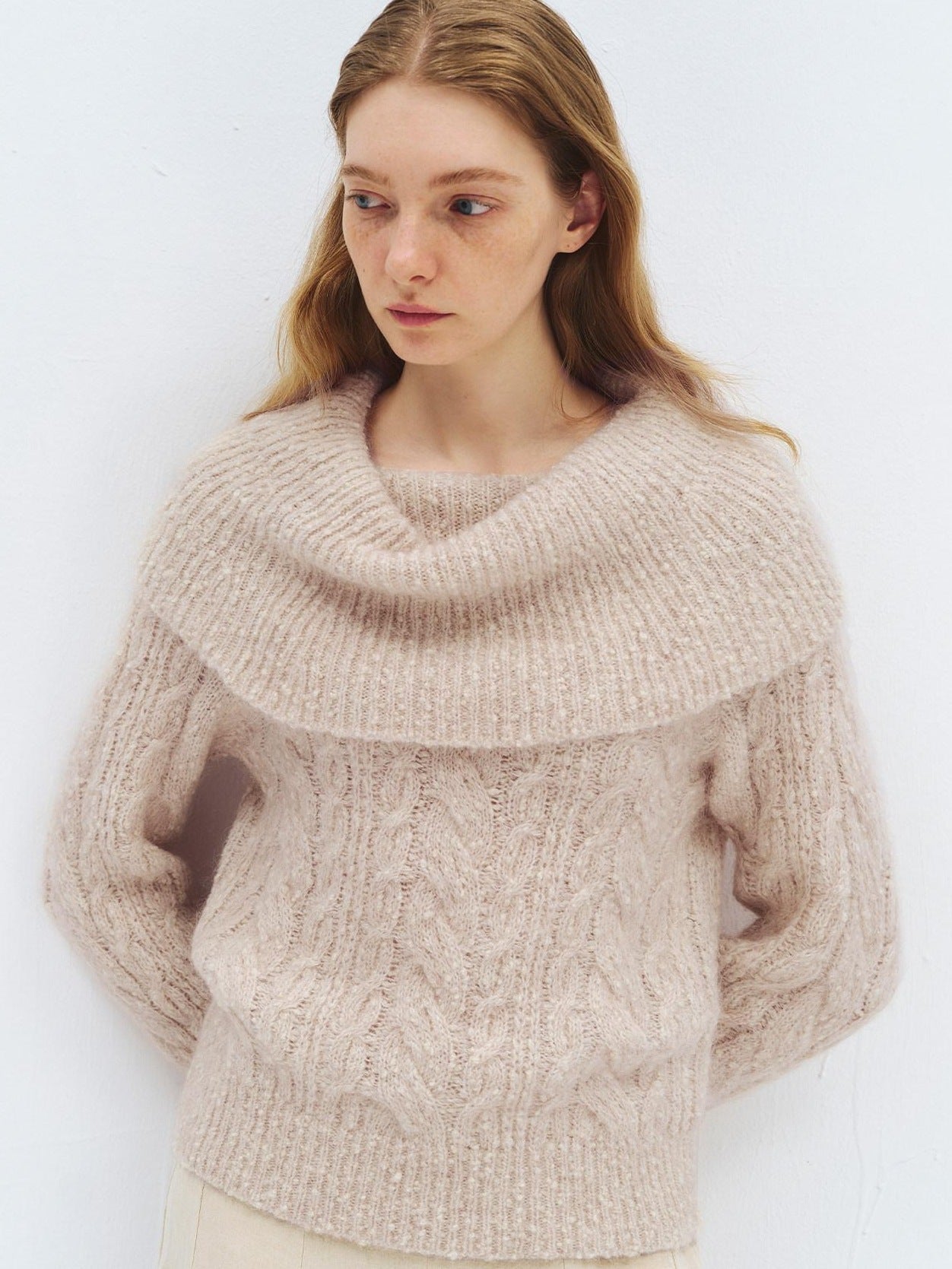 someonesometimes Wool Mohair Blend Casual Loose One Shoulder Cowl Neck Oatmeal Sweaters
