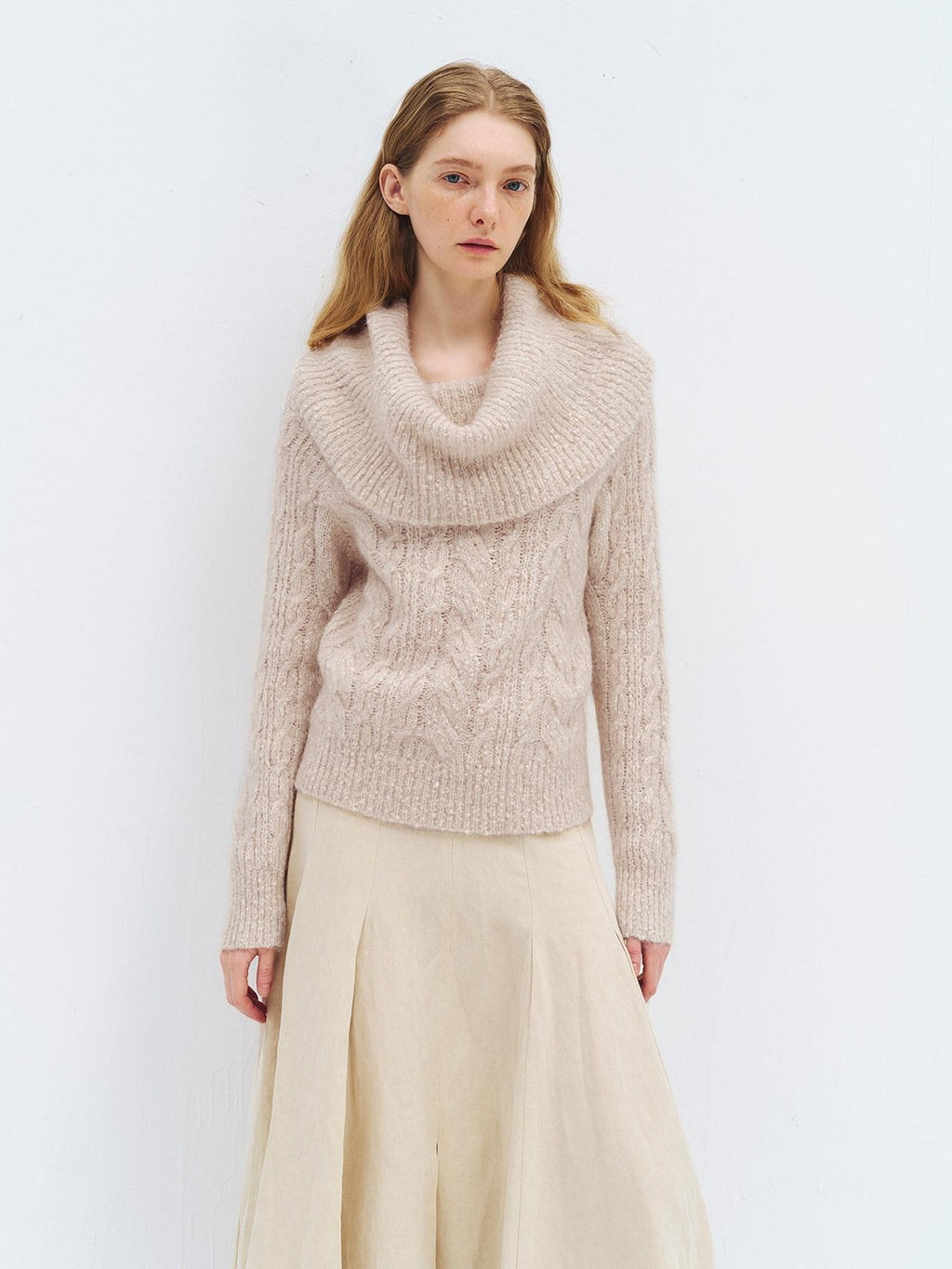 someonesometimes Wool Mohair Blend Casual Loose One Shoulder Cowl Neck Oatmeal Sweaters