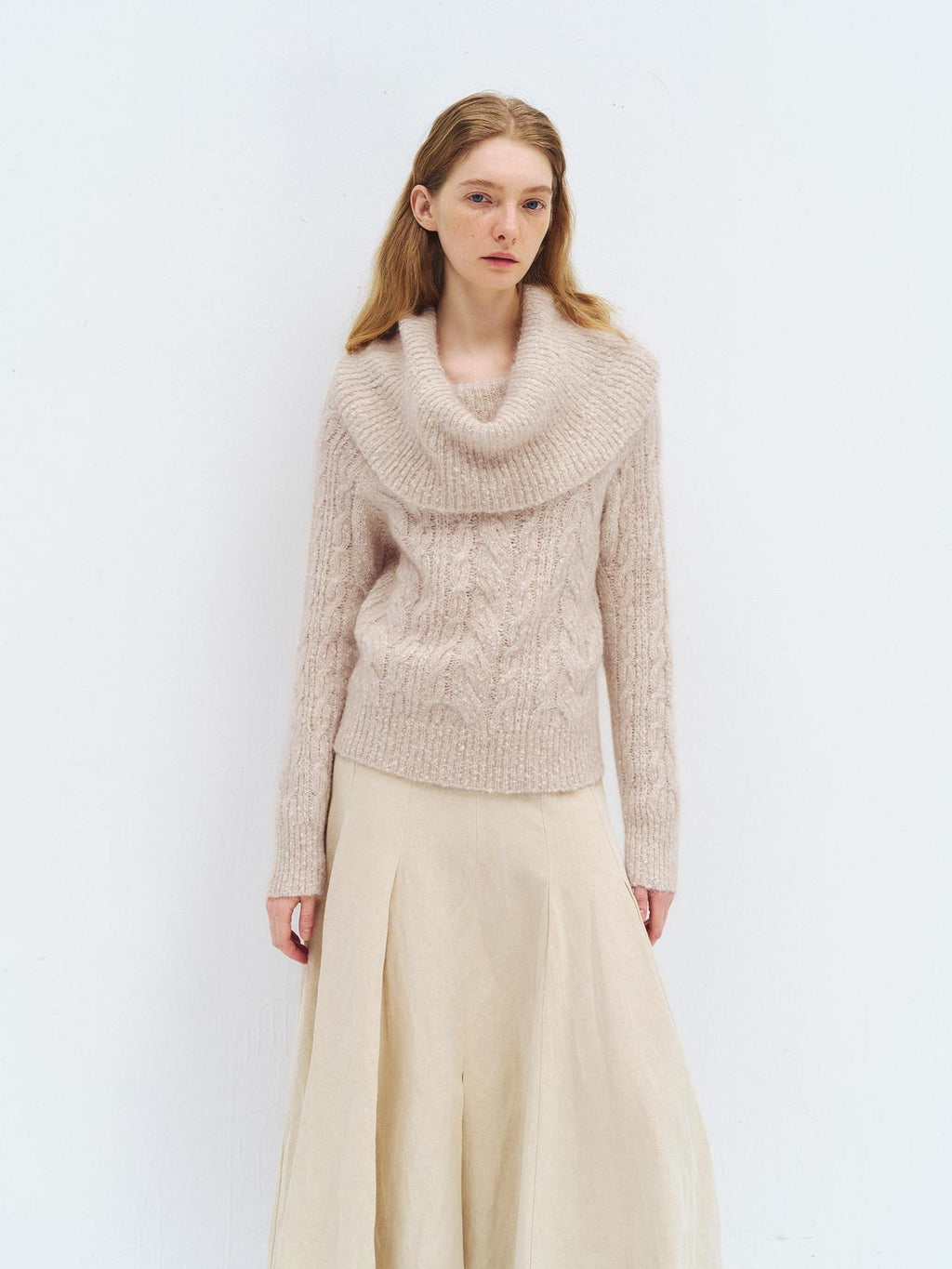 someonesometimes Wool Mohair Blend Casual Loose One Shoulder Cowl Neck Oatmeal Sweaters