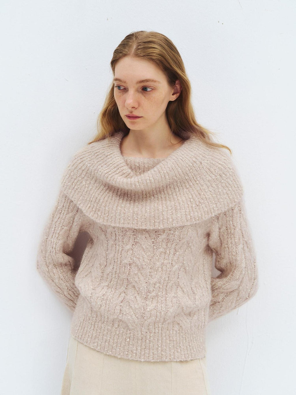 someonesometimes Wool Mohair Blend Casual Loose One Shoulder Cowl Neck Oatmeal Sweaters