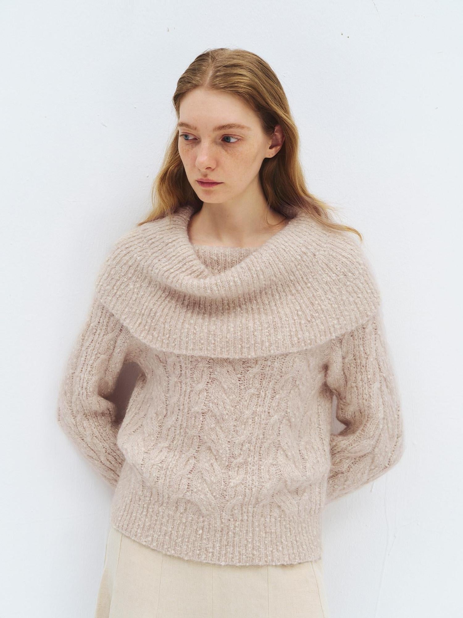 someonesometimes Wool Mohair Blend Casual Loose One Shoulder Cowl Neck Oatmeal Sweaters