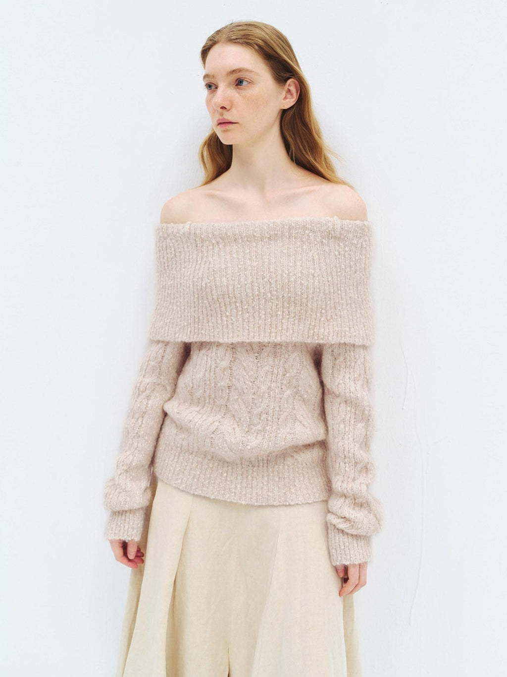 someonesometimes Wool Mohair Blend Casual Loose One Shoulder Cowl Neck Oatmeal Sweaters