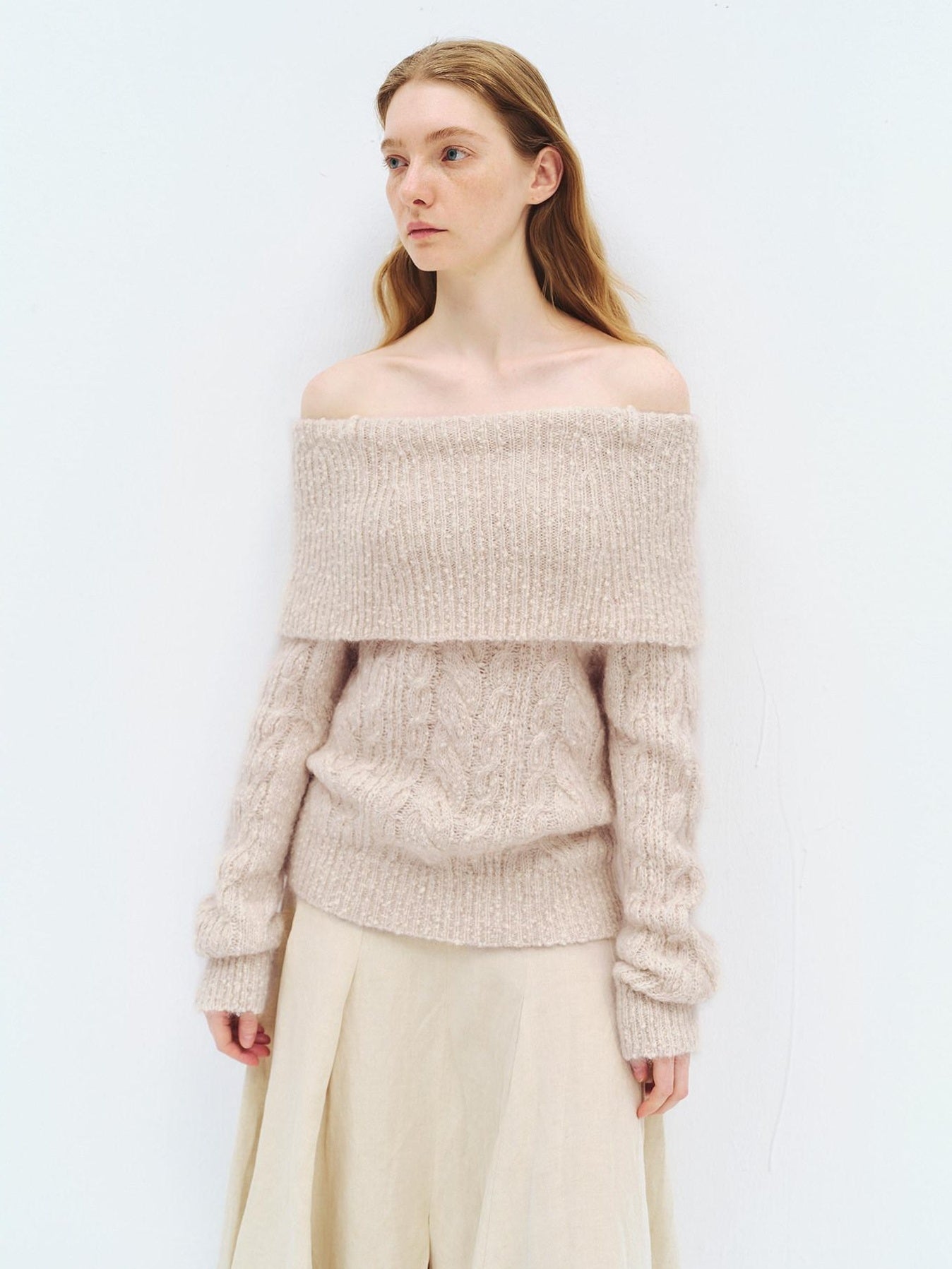 someonesometimes Wool Mohair Blend Casual Loose One Shoulder Cowl Neck Oatmeal Sweaters