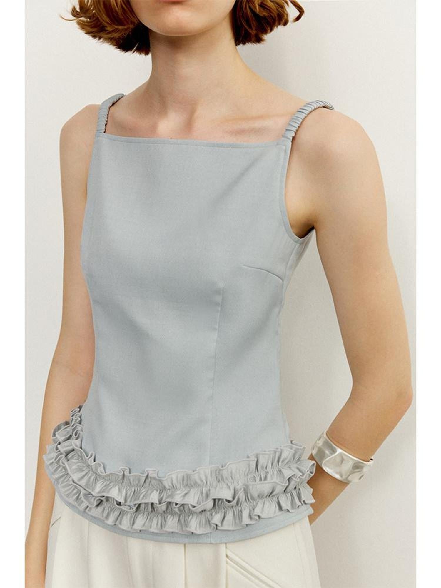 someonesometimes Zipper Ruffle Trim Slim Fit Cropped Light Blue Polyester Camisoles