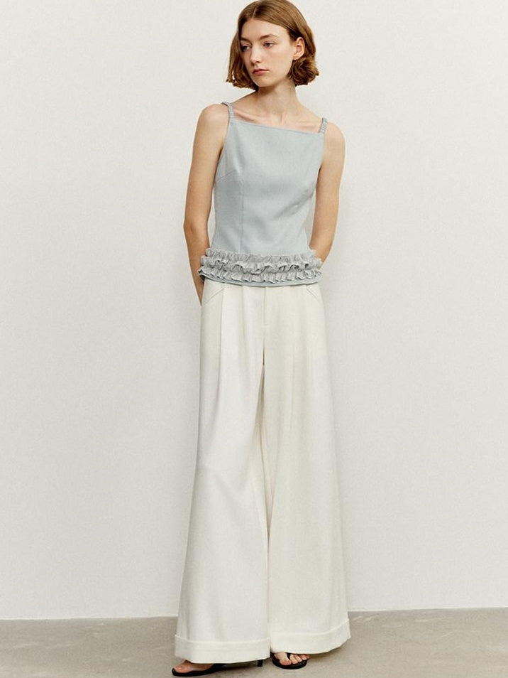 someonesometimes Zipper Ruffle Trim Slim Fit Cropped Light Blue Polyester Camisoles