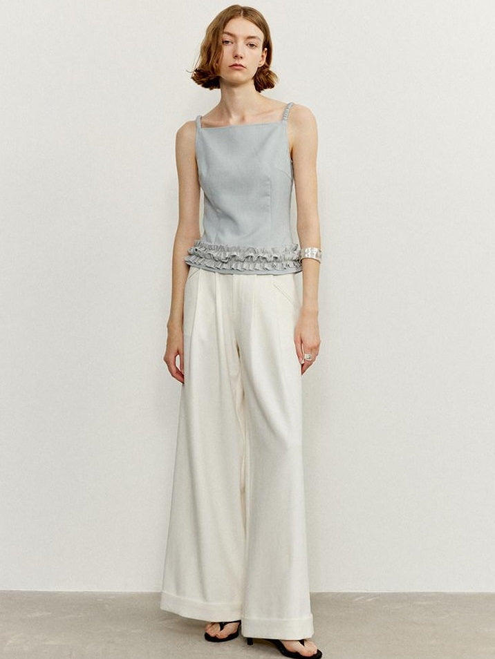 someonesometimes Zipper Ruffle Trim Slim Fit Cropped Light Blue Polyester Camisoles