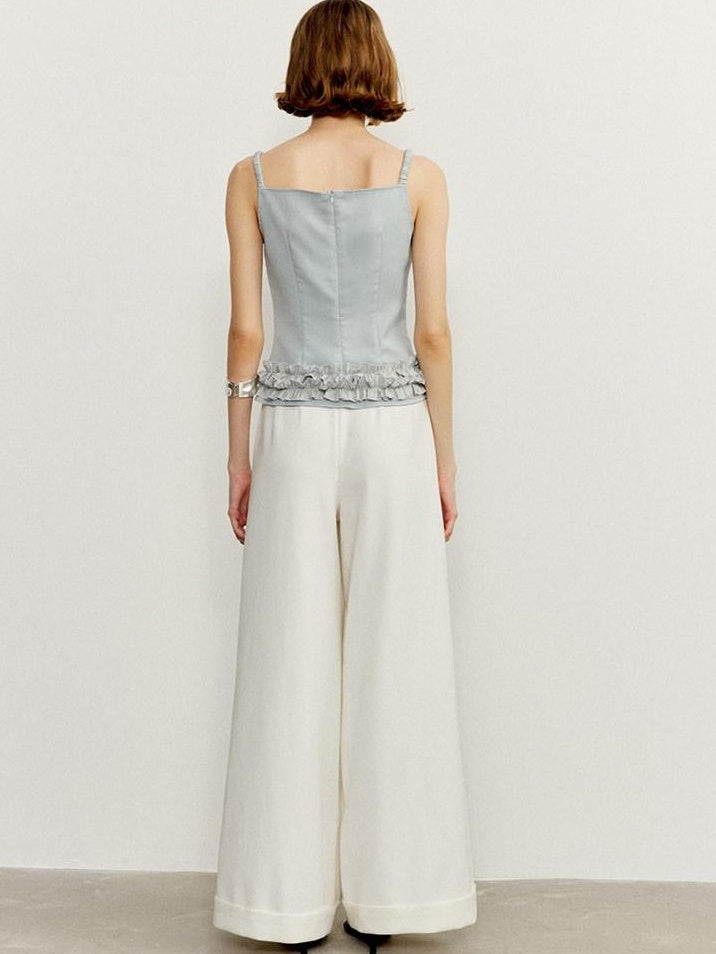 someonesometimes Zipper Ruffle Trim Slim Fit Cropped Light Blue Polyester Camisoles