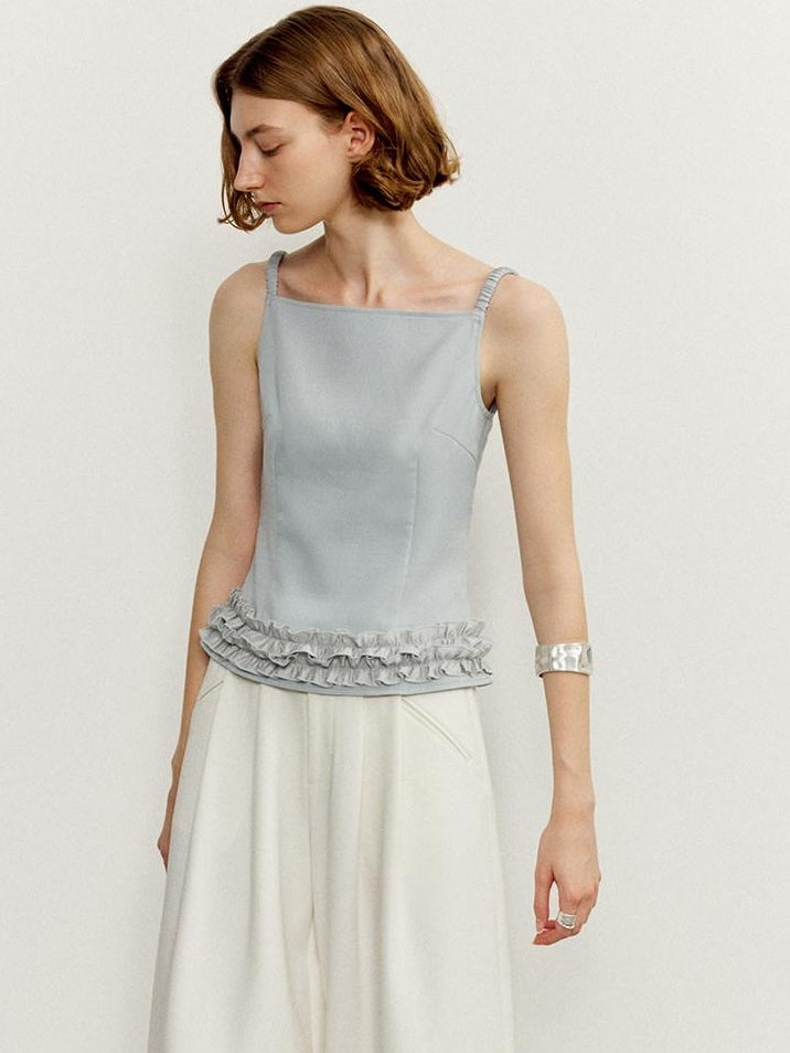someonesometimes Zipper Ruffle Trim Slim Fit Cropped Light Blue Polyester Camisoles