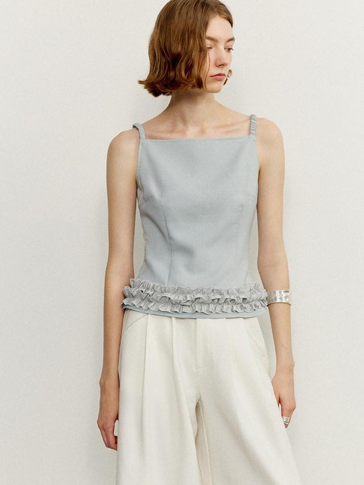 someonesometimes Zipper Ruffle Trim Slim Fit Cropped Light Blue Polyester Camisoles