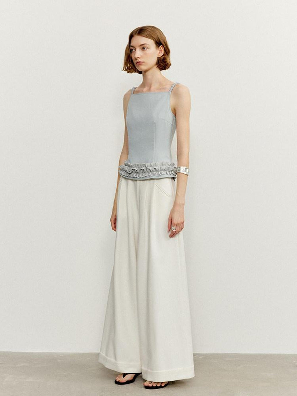 someonesometimes Zipper Ruffle Trim Slim Fit Cropped Light Blue Polyester Camisoles