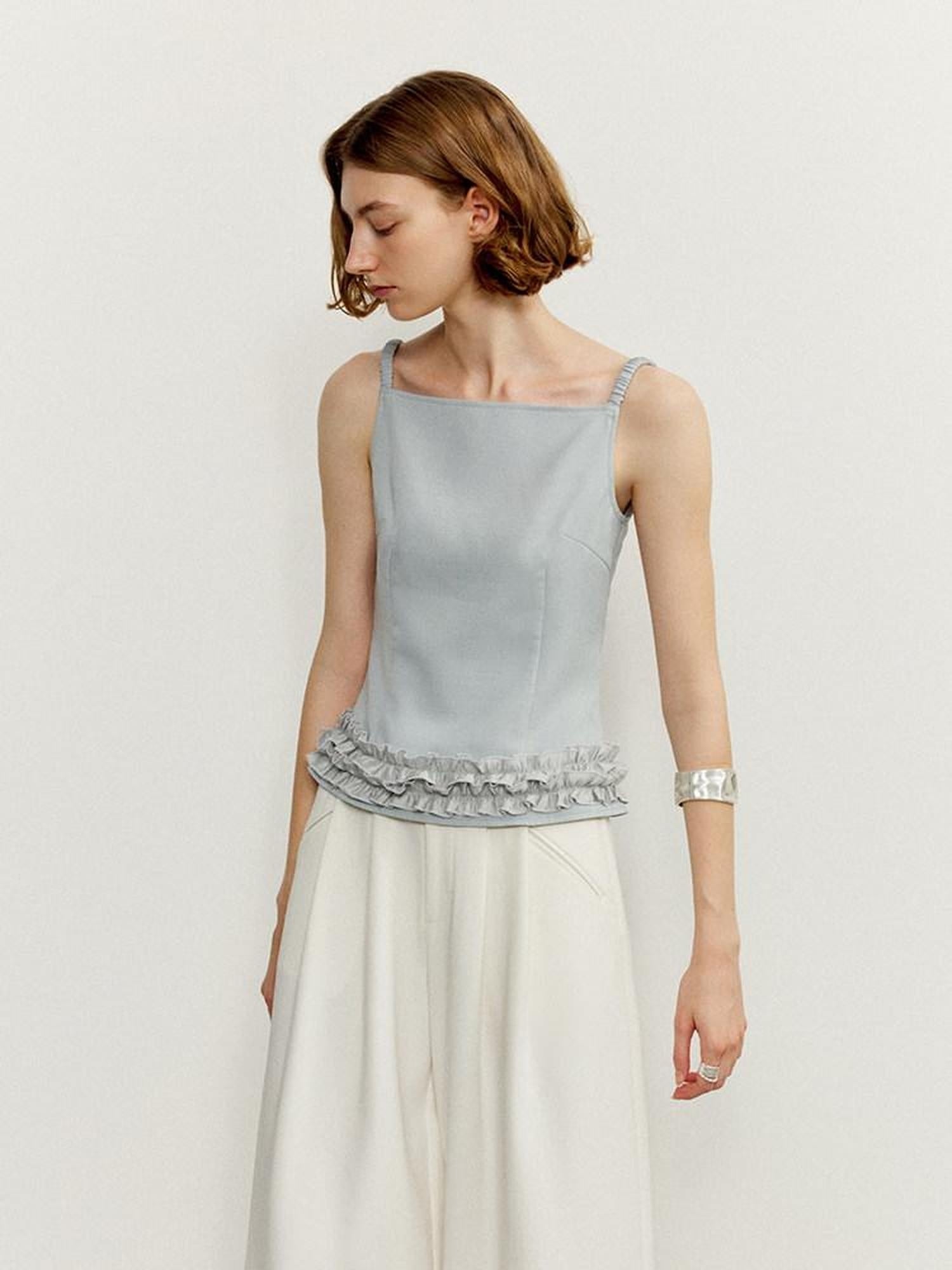 someonesometimes Zipper Ruffle Trim Slim Fit Cropped Light Blue Polyester Camisoles