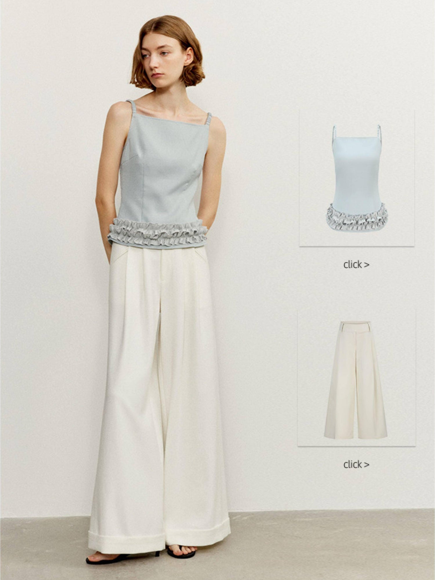 someonesometimes Zipper Ruffle Trim Slim Fit Cropped Light Blue Polyester Camisoles